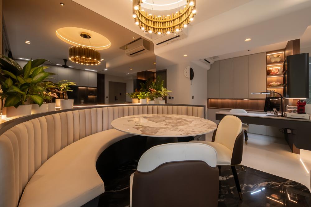Contemporary Dining Room with Ceiling Light and Chandelier