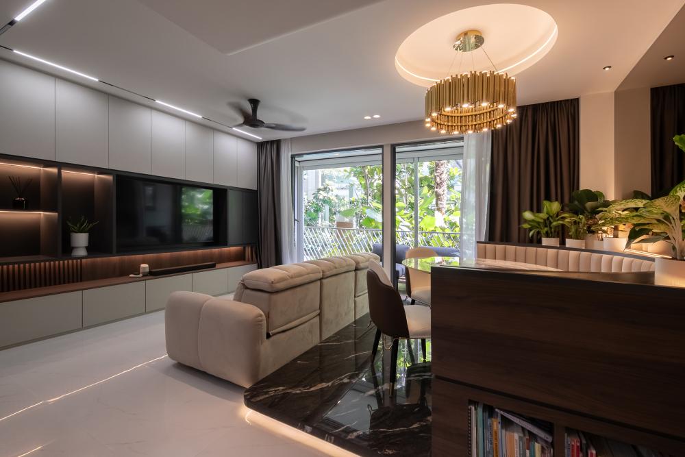 Contemporary Living Room with TV Console and Feature Wall