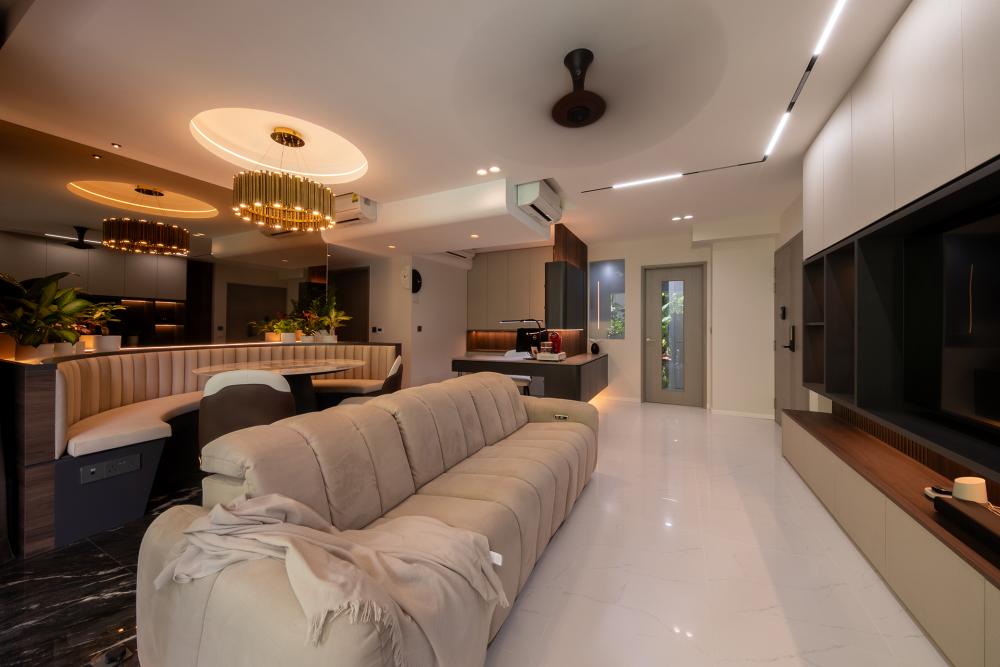 Contemporary Living Room with TV Console and Feature Wall