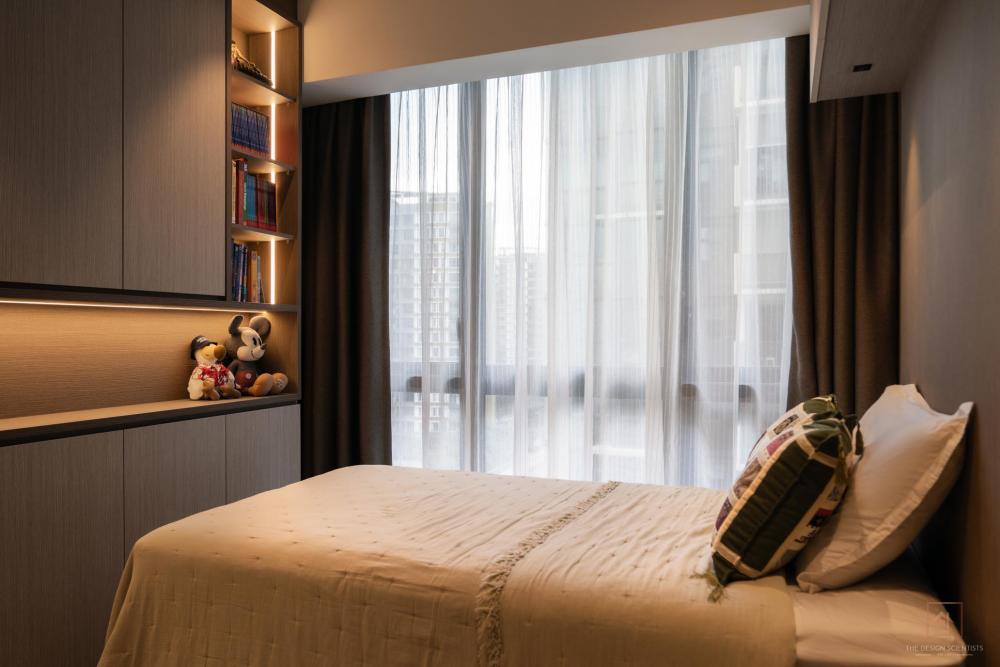 Contemporary Bedroom with Bay Window and Cove Lighting