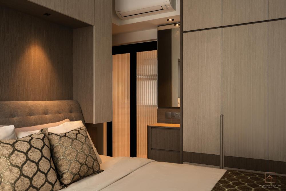 Contemporary Bedroom with Bay Window and Ceiling Light