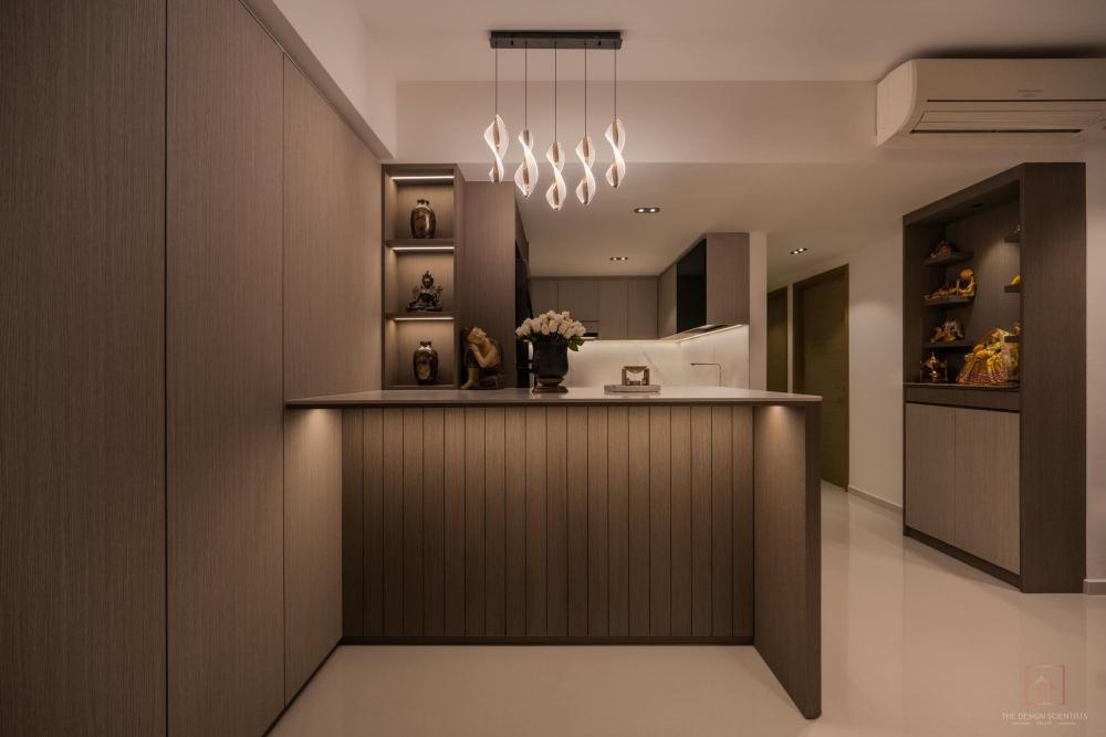 Contemporary Dining Room with Cove Lighting and Chandelier