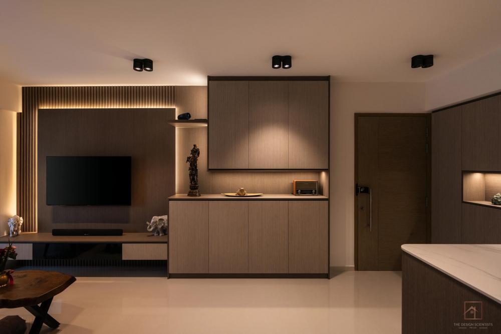 Contemporary Entryway with TV Console and Cove Lighting
