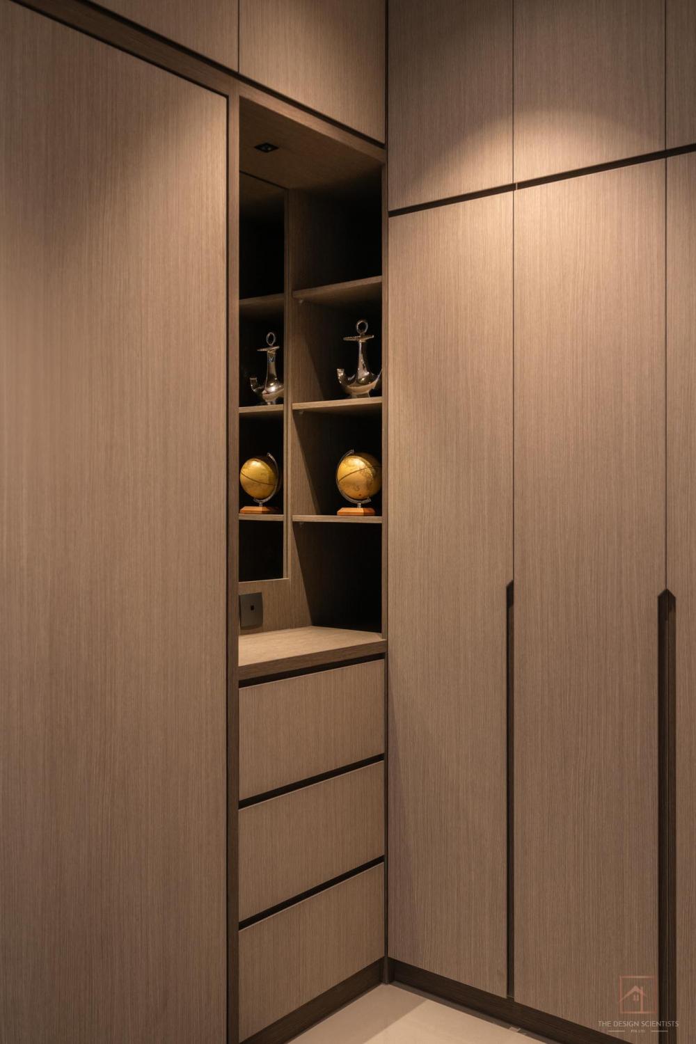 Contemporary Bedroom with Bookshelf and Drop Light