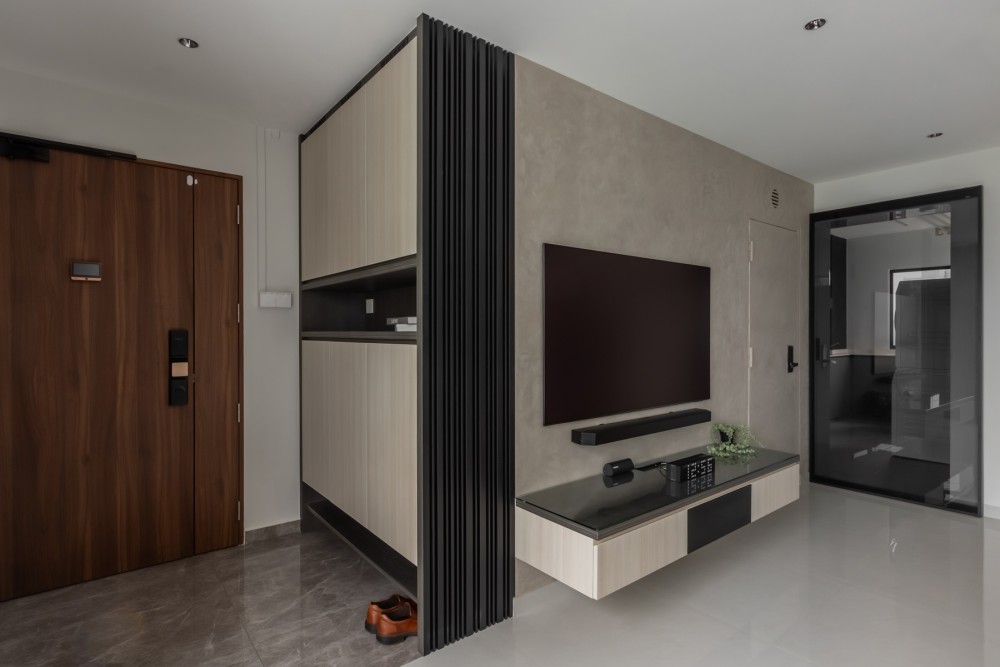 Contemporary Living Room with TV Console and Feature Wall