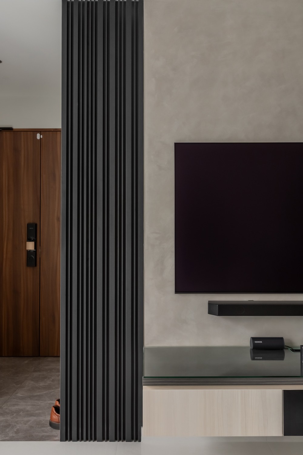 Contemporary Living Room with TV Console and Feature Wall