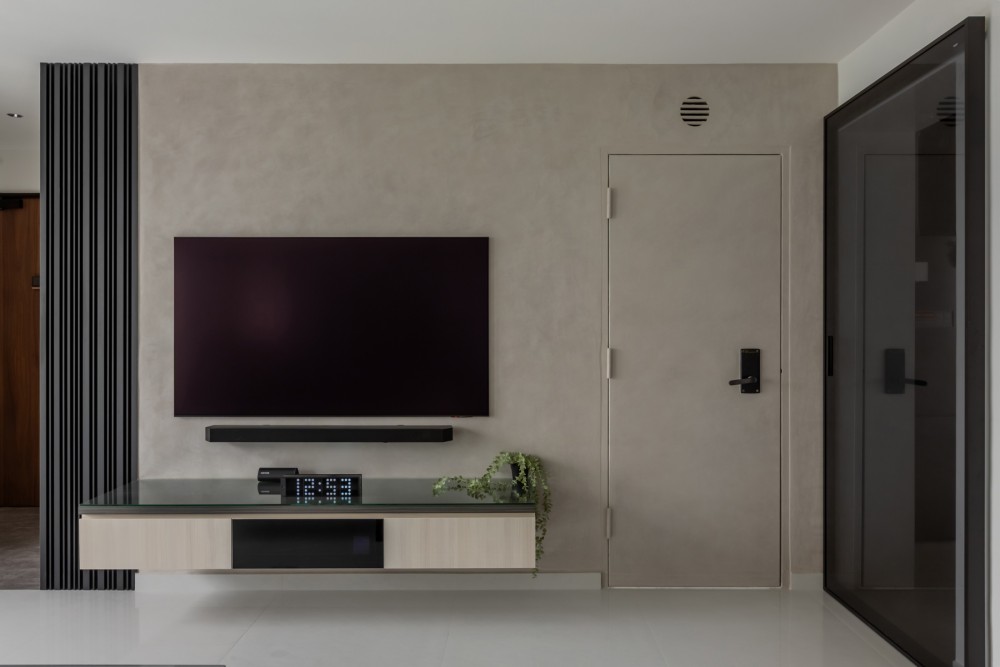 Contemporary Living Room with TV Console and Feature Wall