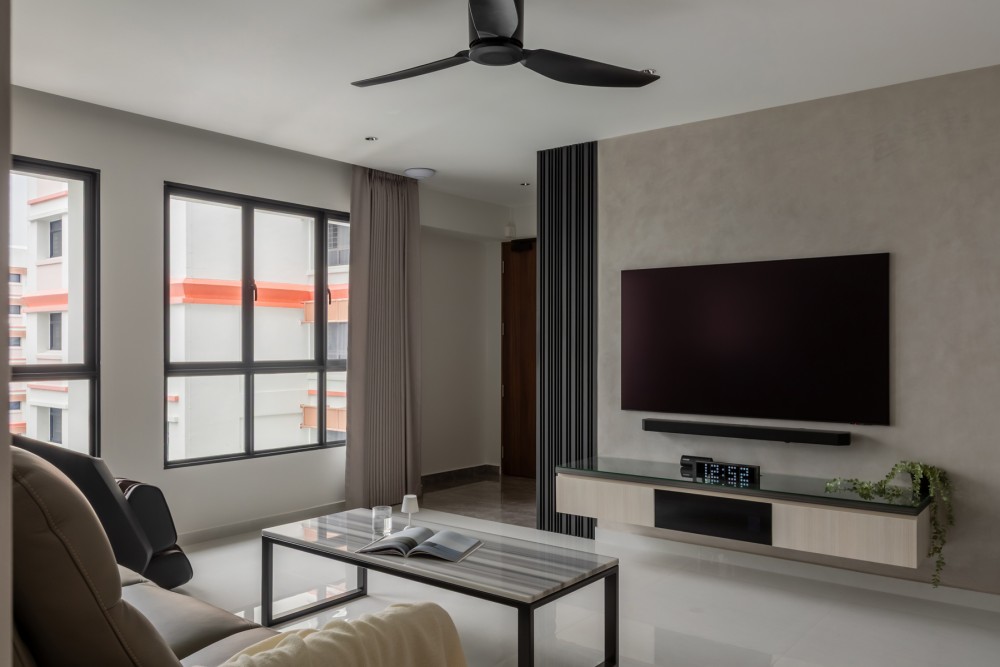 Contemporary Living Room with Feature Wall and Ceiling Fan