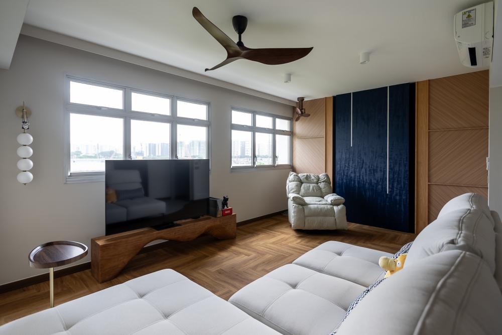 Modern Living Room with Vinyl Flooring and Herringbone Tiling