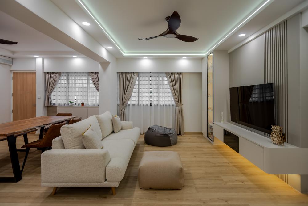 Scandinavian Living Room with Vinyl Flooring and Feature Wall