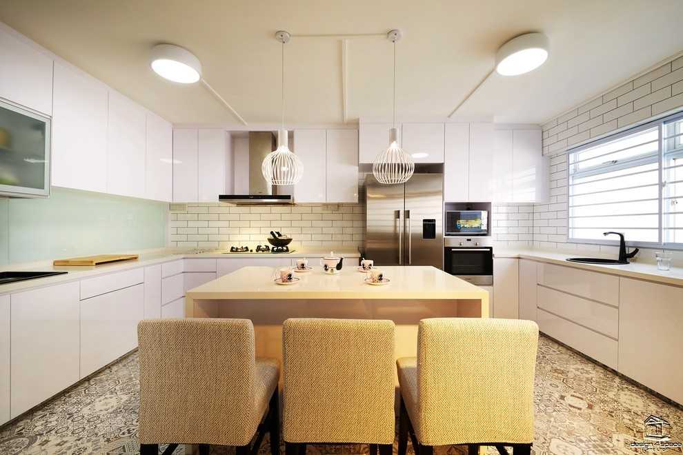 Minimalist Kitchen with Homogeneous Tiles and Kitchen Accessories