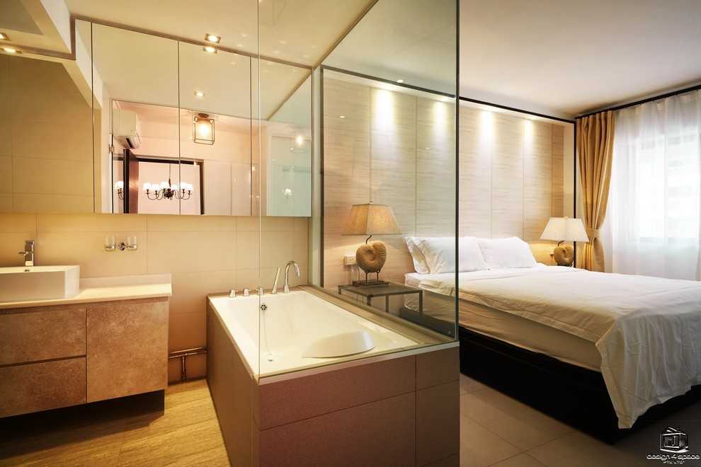 Minimalist Bedroom with Herringbone Tiling and Built-in Bed