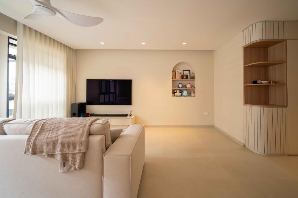 Minimalist Living Room with Cove Lighting and Display Cabinets