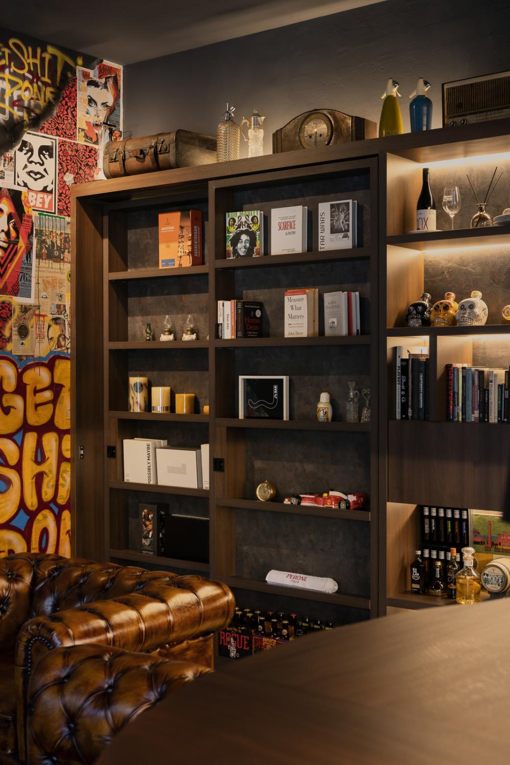 Industrial Home Bar with Feature Wall and Wall Shelves