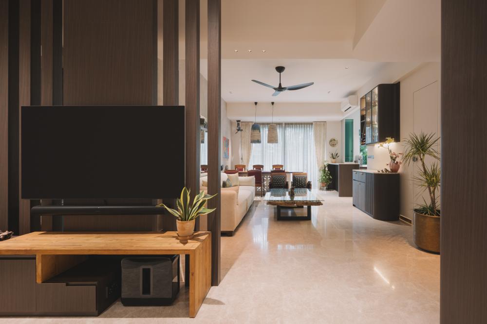 Modern Home Theatre with Marble Floor and Feature Wall