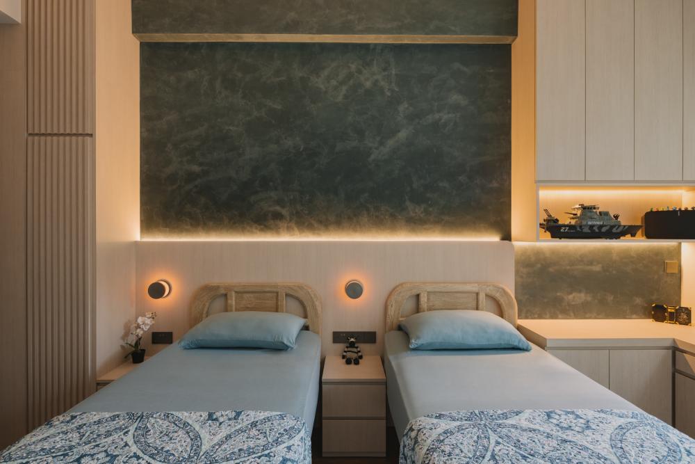 Modern Bedroom with Bedside Table and Display Cabinets