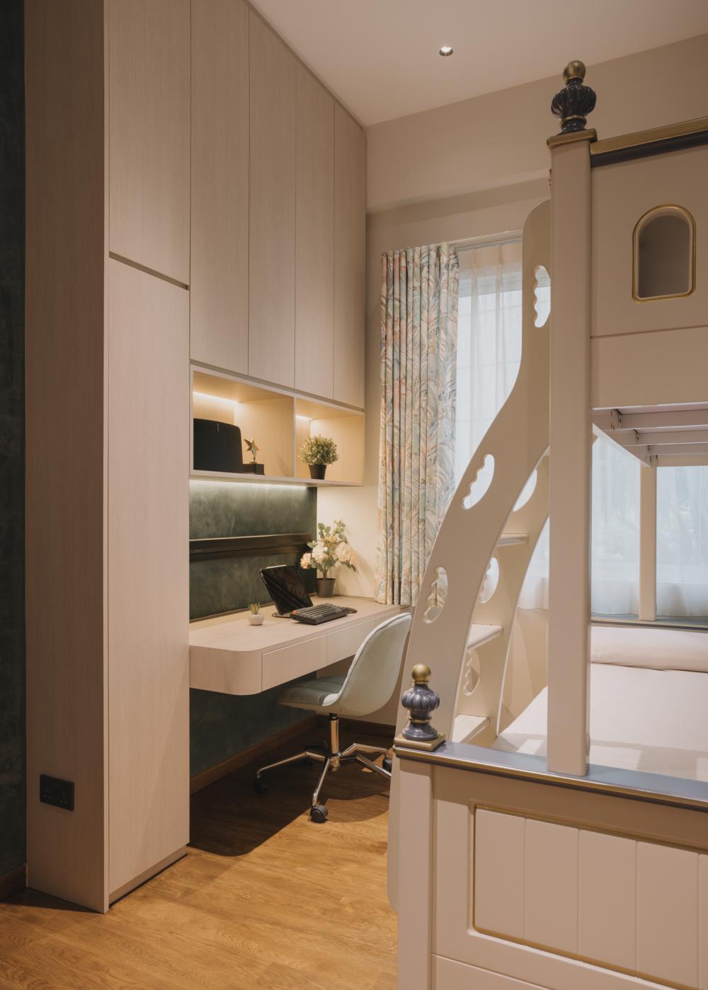 Modern Bedroom with Wood Flooring and Storage Cabinets