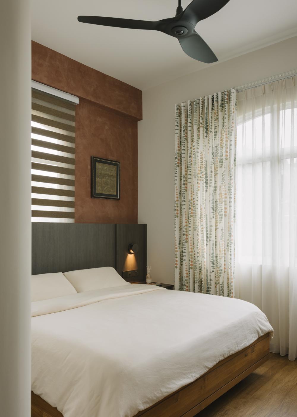 Modern Bedroom with Wood Flooring and Feature Wall