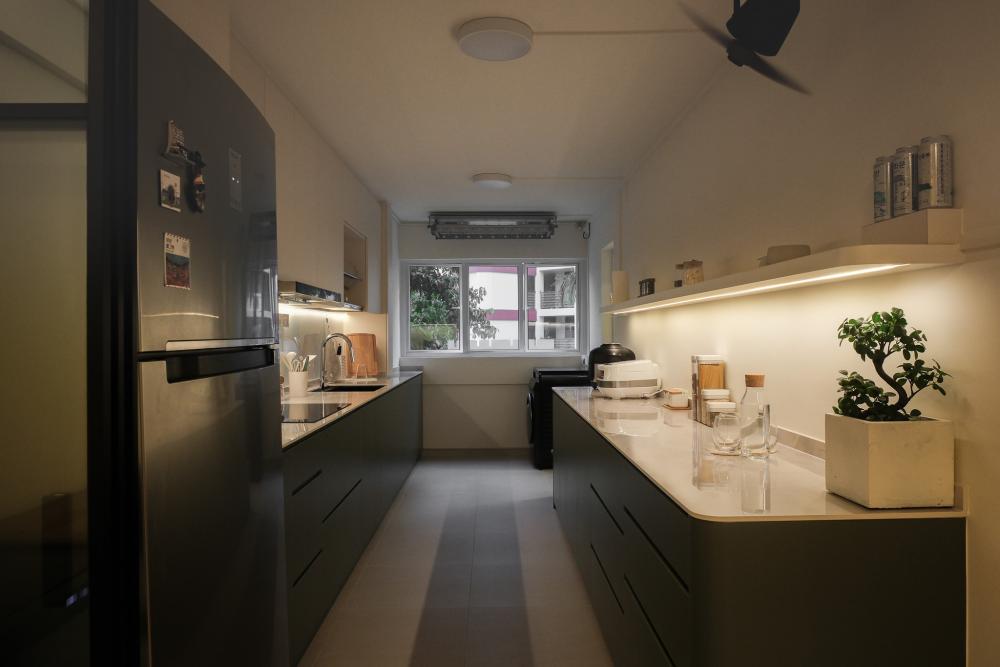 Scandinavian Kitchen with Granite Floor and Kitchen Island
