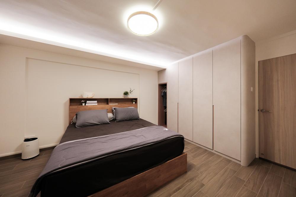 Scandinavian Bedroom with Homogeneous Tiles and Cove Lighting