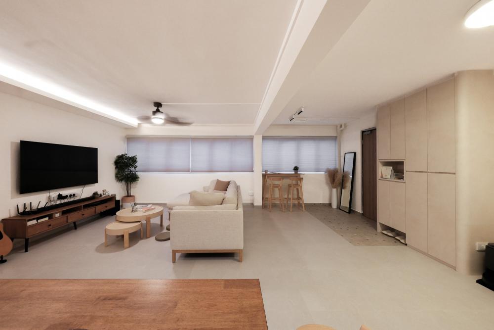 Scandinavian Living Room with Cement Floor and Feature Wall