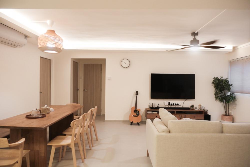 Scandinavian Living Room with TV Console and Feature Wall