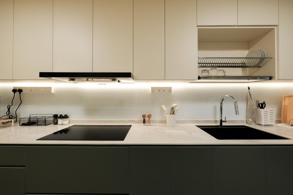 Scandinavian Kitchen with Cement Floor and Kitchen Island