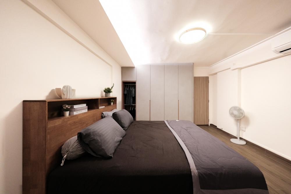 Scandinavian Bedroom with Parquet Floor and Downlights