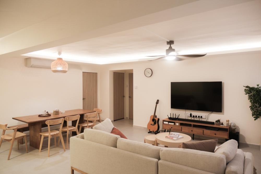 Scandinavian Living Room with Feature Wall and Ceiling Light
