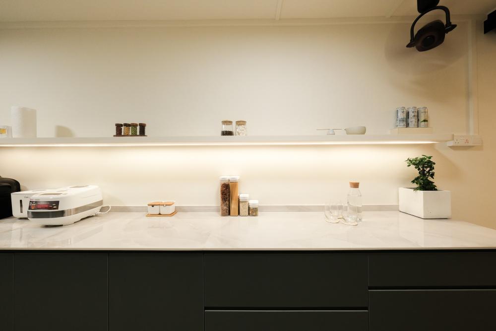 Scandinavian Kitchen with Granite Floor and Kitchen Island