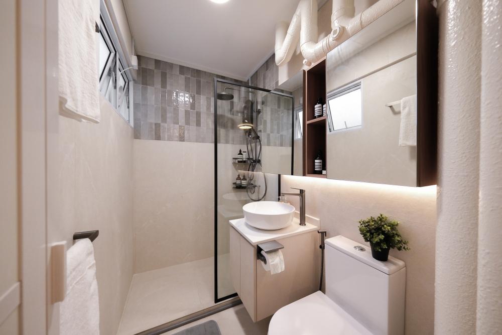 Scandinavian Bathroom with Homogeneous Tiles and Herringbone Tiling