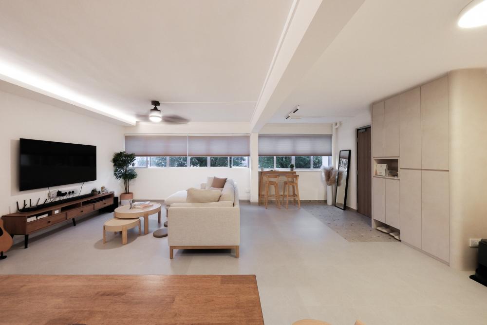 Scandinavian Living Room with Feature Wall and Drop Ceiling