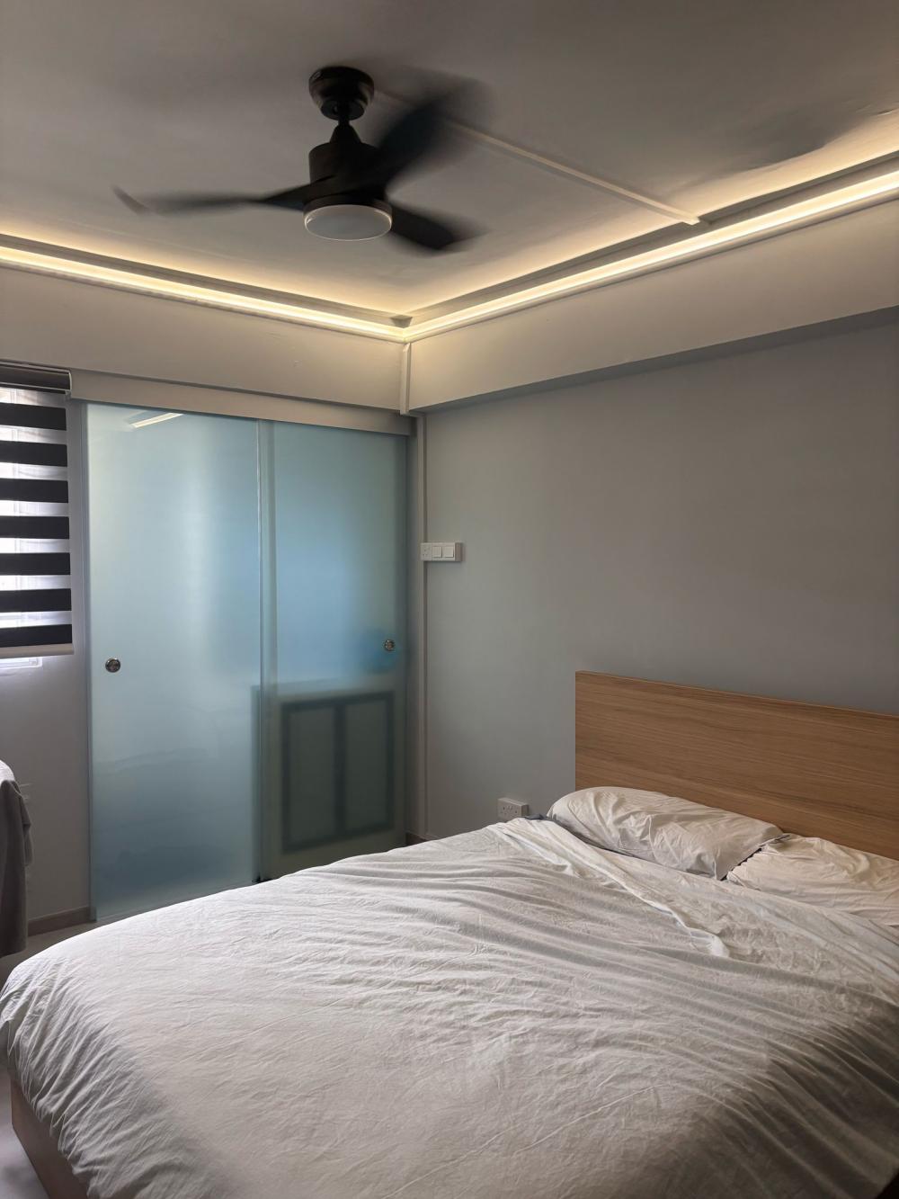 Minimalist Bedroom with Vinyl Flooring and Paintings