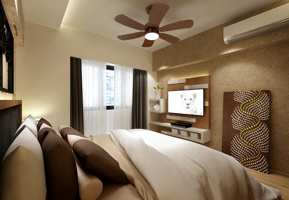 Contemporary Bedroom with TV Console and Feature Wall