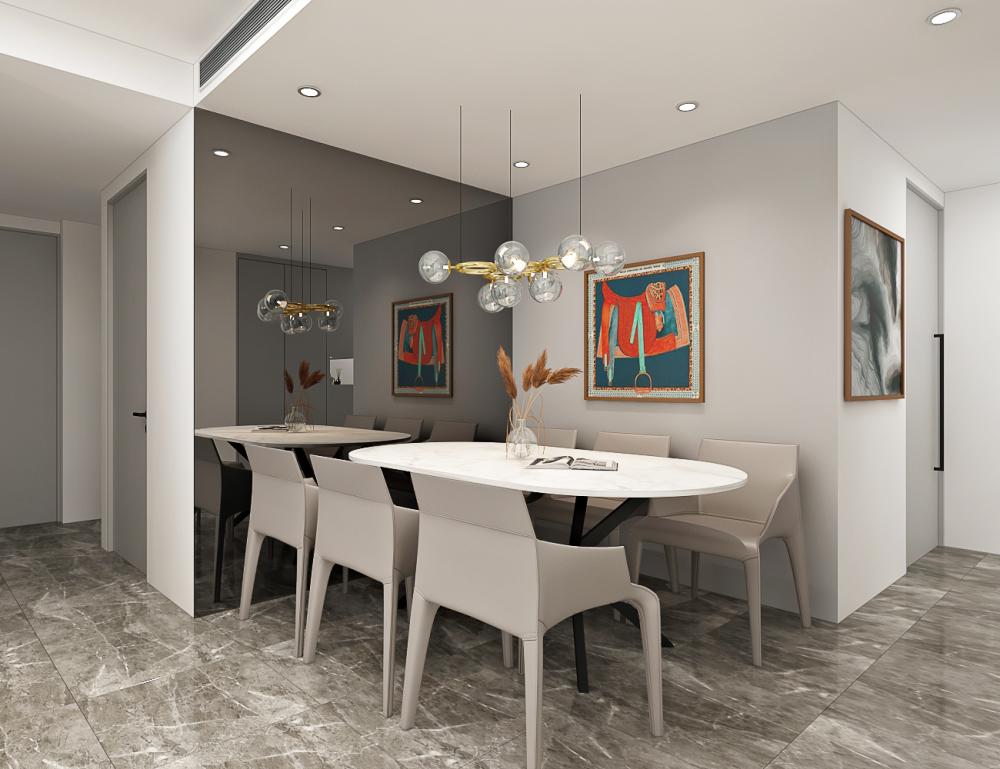 Contemporary Dining Room with Mirror and Chandelier