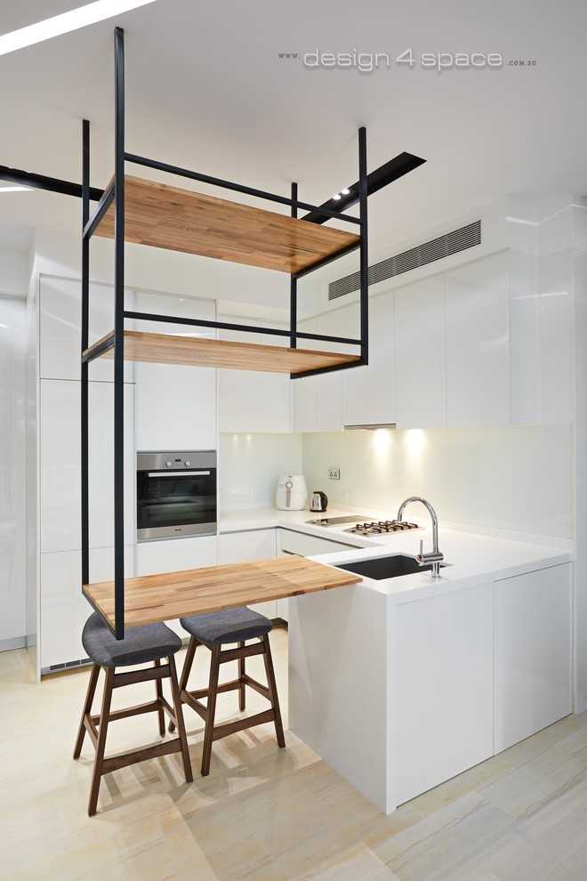 Minimalist Kitchen with Herringbone Tiling and Parquet Floor