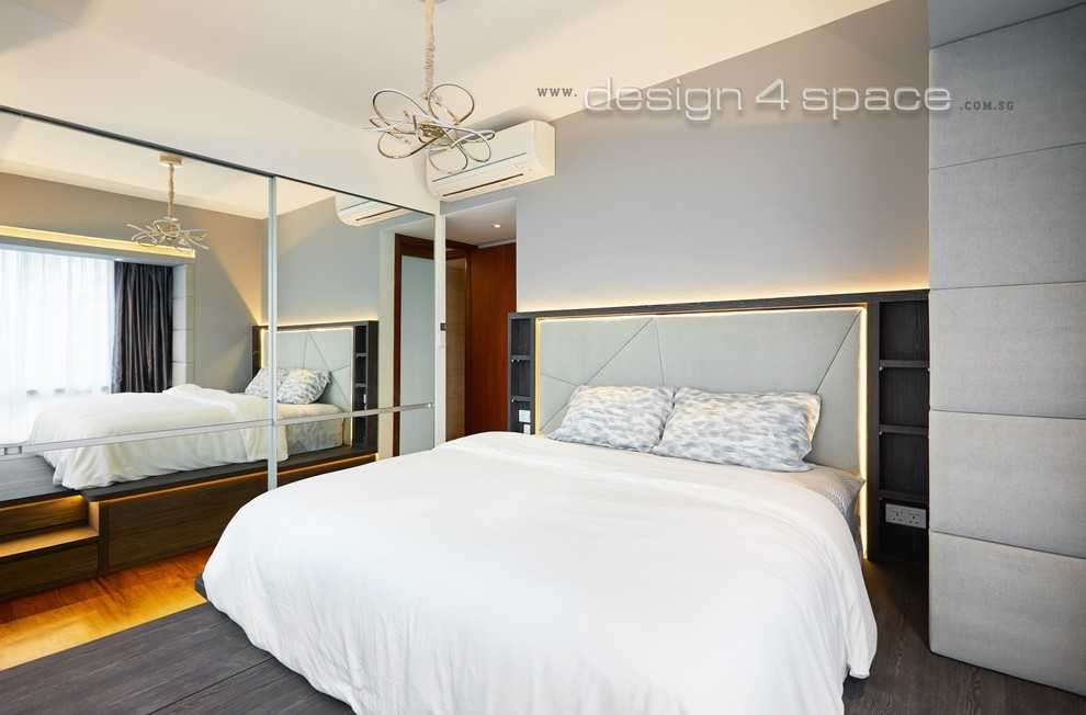 Minimalist Bedroom with Wood Flooring and Bay Window