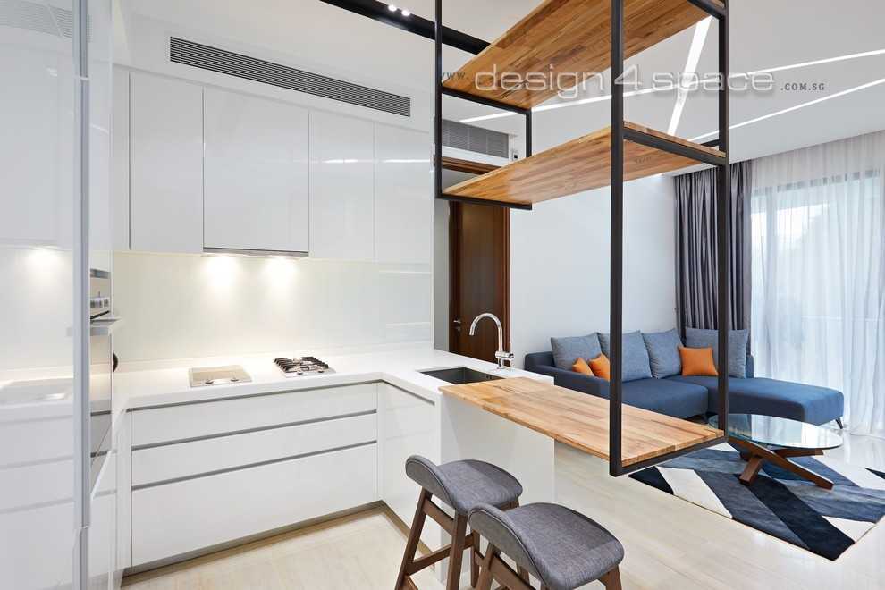 Minimalist Kitchen with Wood Flooring and Kitchen Window