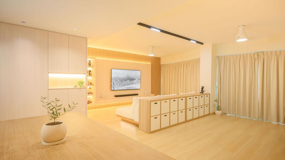 Modern Living Room with Ceiling Fan and Storage Cabinets