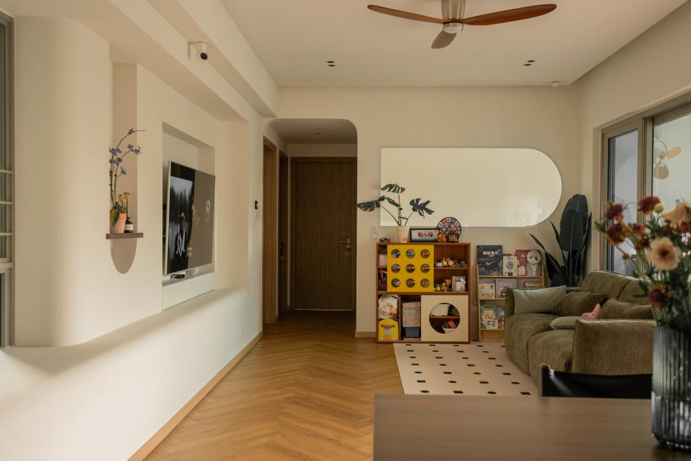 Modern Living Room with Wood Flooring and Feature Wall
