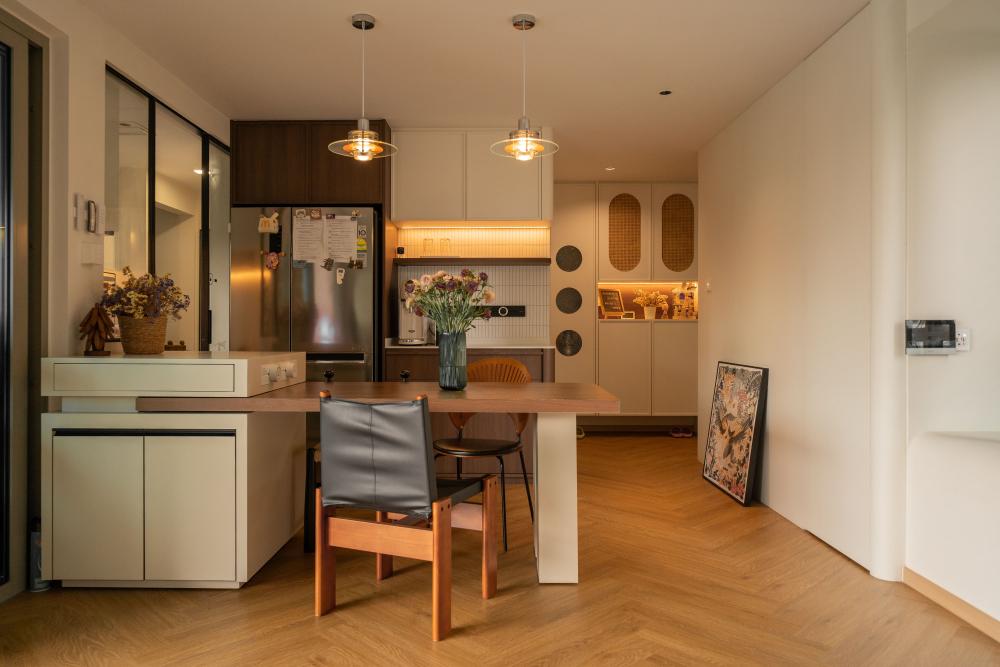 Modern Pantry with Kitchen Island and Console Table