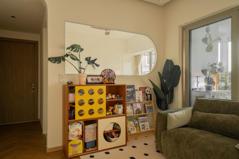 Modern Hallway with Bookshelf and Artwork