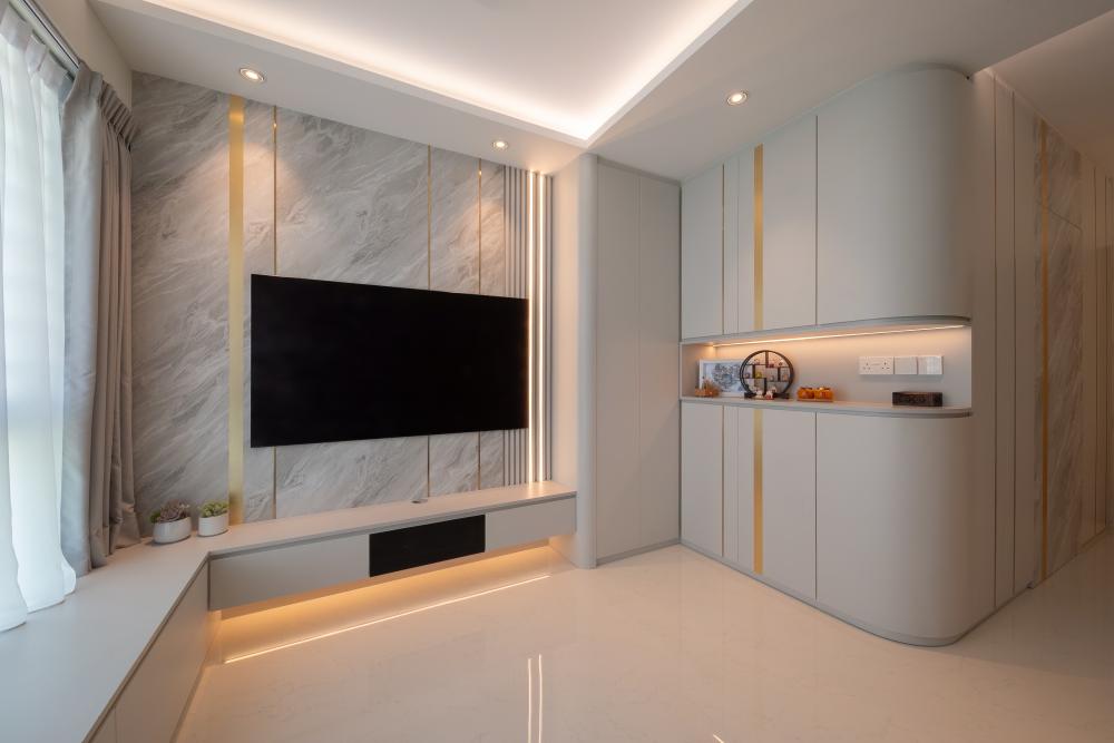 Contemporary Living Room with TV Console and Feature Wall