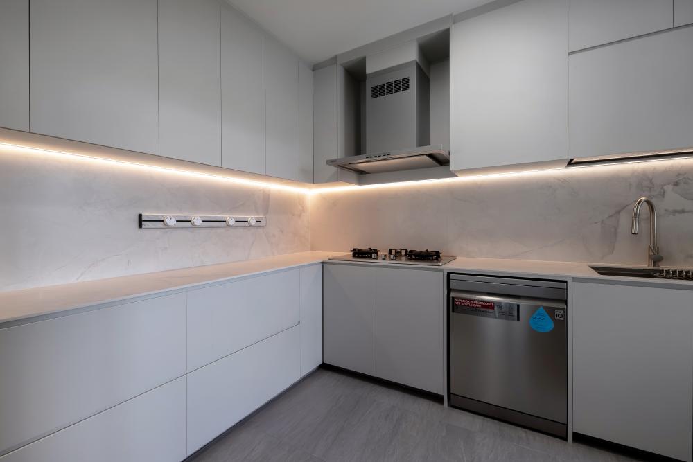 Contemporary Kitchen with Kitchen Window and Cupboard