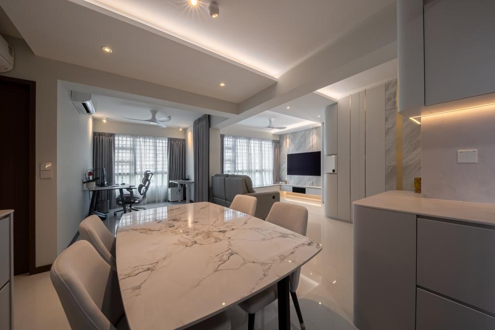 Contemporary Living Room with TV Console and Drop Light