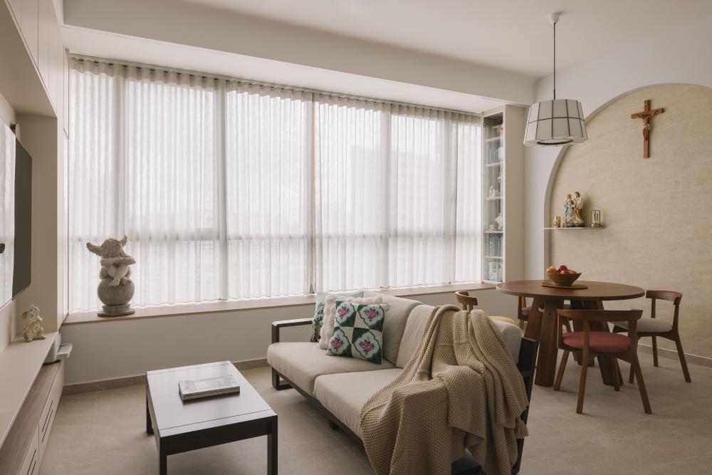 Scandinavian Living Room with Feature Wall and Bay Window