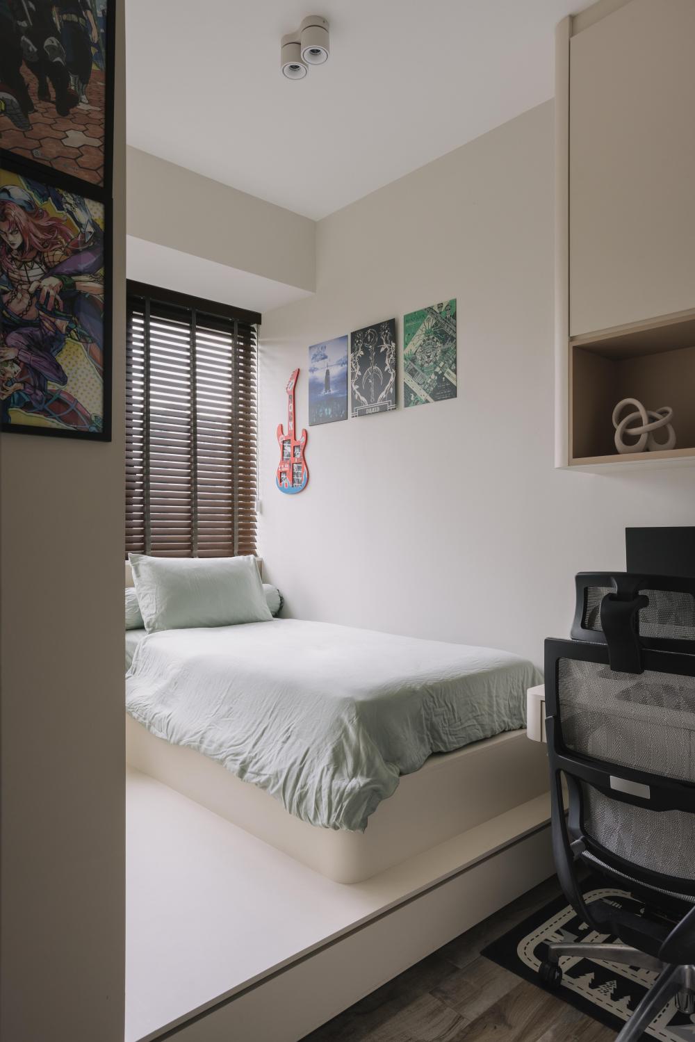 Scandinavian Bedroom with Bookshelf and Platform Bed