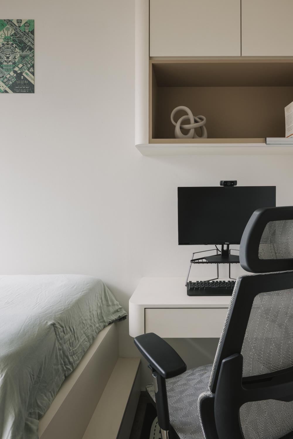 Scandinavian Bedroom with Storage Cabinets and Display Cabinets