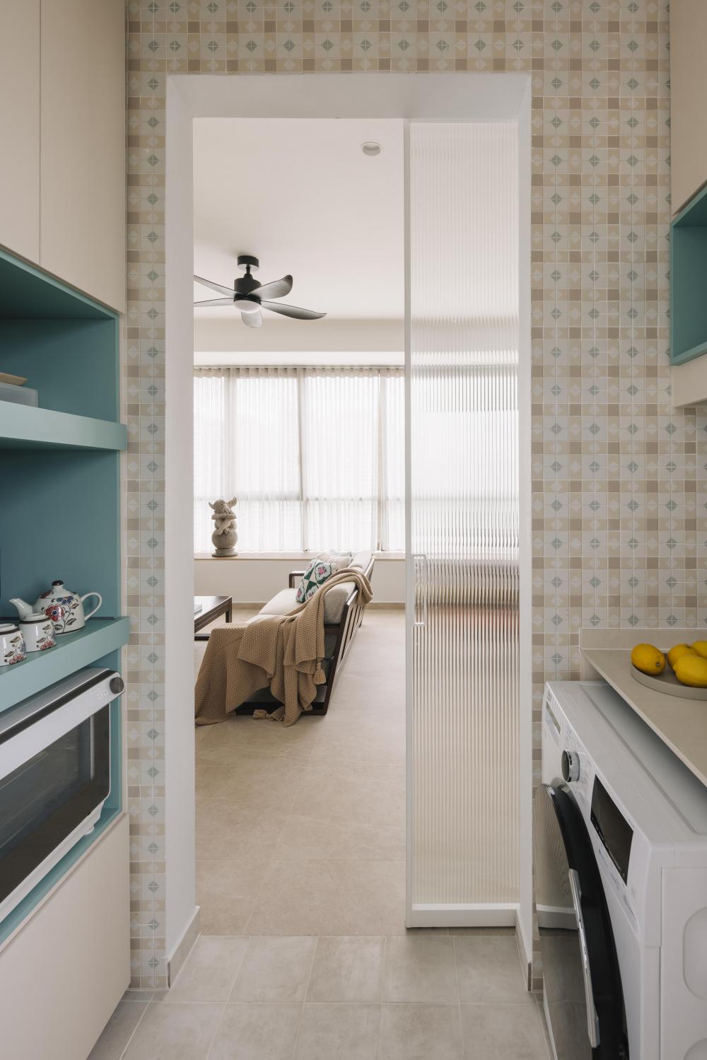 Scandinavian Kitchen with Glass Door and Cupboard