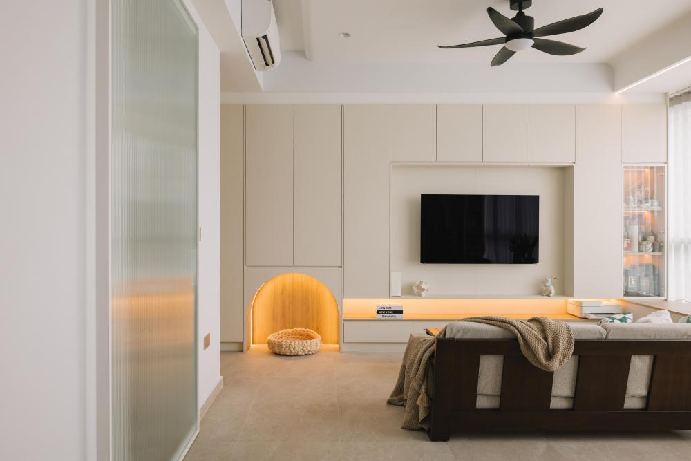 Scandinavian Living Room with Feature Wall and Storage Cabinets